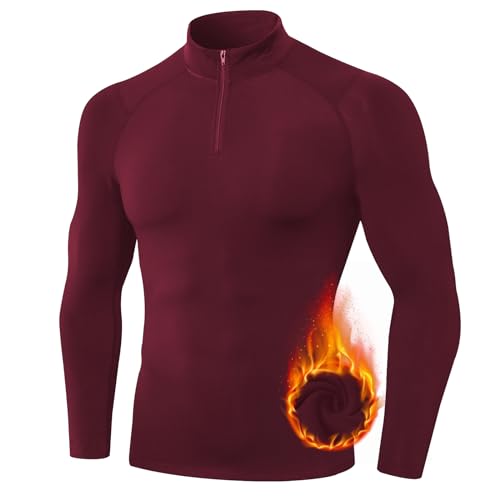 TERODACO Thermounterwäsche Herren Oberteil 1/4 Zip Atmungsaktiv Skiunterwäsche Herren Langarm Weich Innenfleece Funktionsunterwäsche Männer Sport Gym Fitness Thermo Unterwäsche 11517 Weinrot XXL von TERODACO