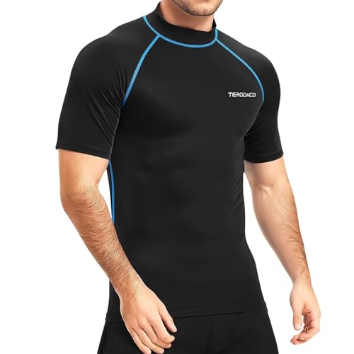 TERODACO UV Shirt Herren Wasser Kurzarm Schwimmshirt Herren Kompression Schweißableitung Rashguard Herren Angeln Surf Shirt,Weich Dehnbar Atmungsaktiv Schwarz Blau 222 M von TERODACO