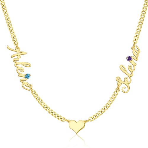 Personalisiertes Geburtsstein Namenskette für Mama - 18K Gold Schmuck Handmade mit Kindernamen - Zartes Halsband & Herz-Anhänger - 2 Halsketten Set - Geschenk zum Muttertag (2 Names with Heart) von TERRALIX