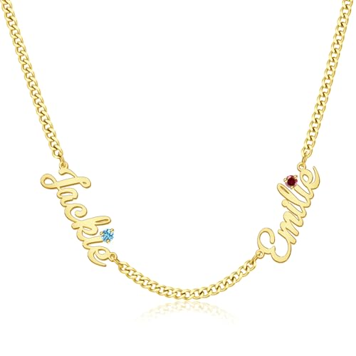 TERRALIX Personalisiertes Geburtsstein Namenskette für Mama - 18K Gold Schmuck Handmade mit Kindernamen - Zartes Halsband & Herz-Anhänger - 2 Halsketten Set - Geschenk zum Muttertag (2 Names) von TERRALIX