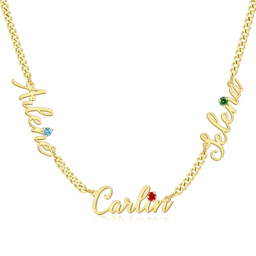 TERRALIX Personalisiertes Geburtsstein Namenskette für Mama - 18K Gold Schmuck Handmade mit Kindernamen - Zartes Halsband & Herz-Anhänger - 2 Halsketten Set - Geschenk zum Muttertag (3 Names) von TERRALIX