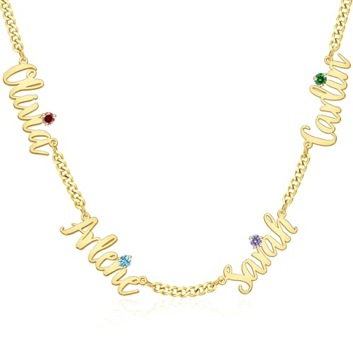 TERRALIX Personalisiertes Geburtsstein Namenskette für Mama - 18K Gold Schmuck Handmade mit Kindernamen - Zartes Halsband & Herz-Anhänger - 2 Halsketten Set - Geschenk zum Muttertag (4 Names) von TERRALIX