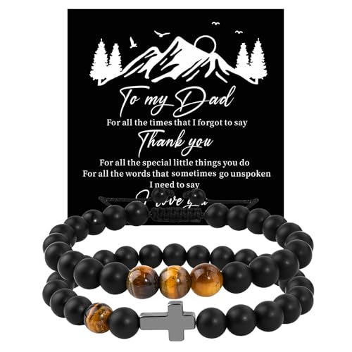 TERRISHE 2Pcs Weihnachtsgeschenke für Papa Armband Herren Perlenarmband Herren Verstellbares Armbänder mit Obsidian und Tigeraugeperlen, Kreuz Armband Für Männer, Papa, Geburtstag Christliche Geschenk von TERRISHE