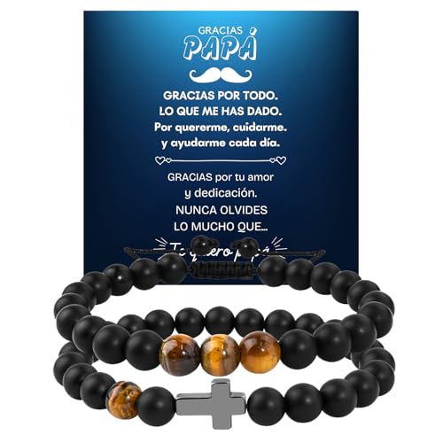 TERRISHE 2Pcs Weihnachtsgeschenke für Papa Armband Herren Perlenarmband Herren Verstellbares Armbänder mit Obsidian und Tigeraugeperlen, Kreuz Armband Für Männer, Papa (es) von TERRISHE