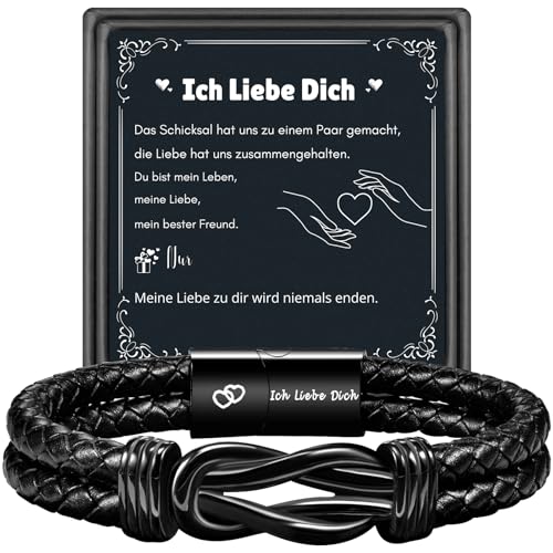 TERRISHE Herren Armband Gravur “Ich Liebe Dich” Schwarz Leder Armband Geschenk für Meinen Mann Liebhaber Weihnachtsgeschenke Geburtstagsgeschenk für Meinen Mann von TERRISHE