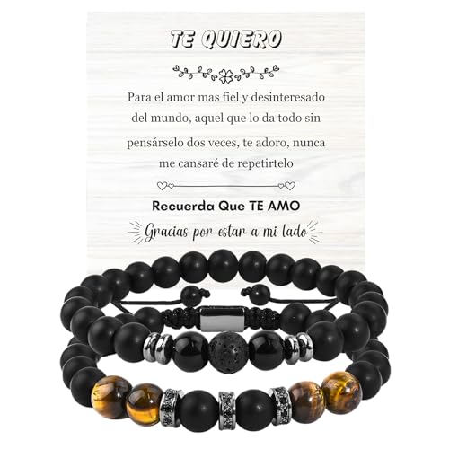 TERRISHE Valentinstagsgeschenke Geschenke für Männer Ehemann Freund, 2Pcs Armband Herren Perlenarmband Herren Verstellbares Armbänder mit Obsidian und Tigeraugeperlen (es) von TERRISHE