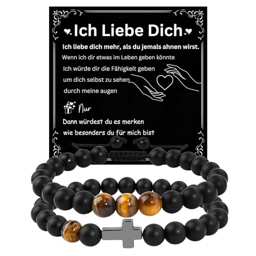 TERRISHE Valentinstagsgeschenke Geschenke für Männer Ehemann Freund, Kreuz Armband Herren Verstellbares Armbänder Ich Liebe Dich Perlenarmband mit Naturstein Tigerauge und Onyx, Geburtstagsgeschenk von TERRISHE