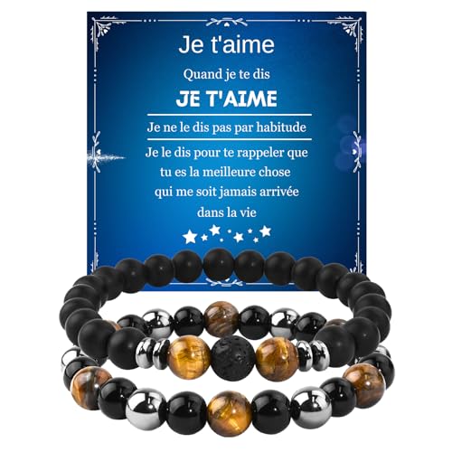 TERRISHE Valentinstagsgeschenke für Männer Ehemann Freund, 2Pcs Armband Herren mit Naturstein, Obsidian, Hämatit & Bernstein Schutz in Einem Dreifachen, Tigerauge Perlen Armband (fr) von TERRISHE