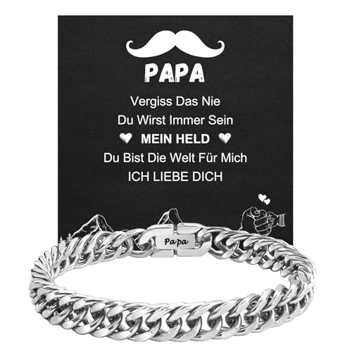 TERRISHE Vatertag Geschenk für Papa 8mm Papa Armband Herren Edelstahl mit Gravur“Papa”Schicke Panzerkette Miami Armkette Cuban Gliederarmband Punk Kubanischer Armband mit Geschenktasche für Geburtstag von TERRISHE