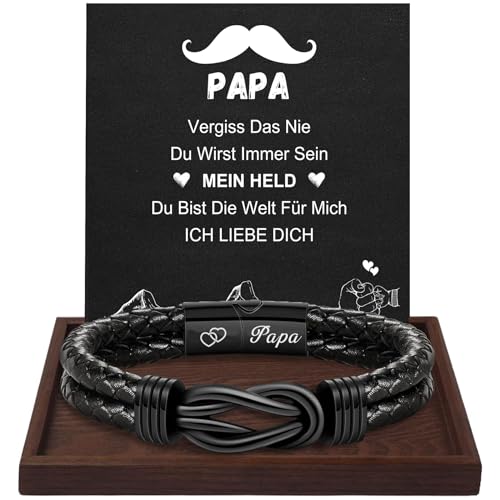 TERRISHE Vatertagsgeschenk für Papa Geschenk Vater Armband Herren Lederarmband Gravur “Papa” Schwarz Leder Armband Geschenk für Papa Vater Weihnachtsgeschenke Geburtstagsgeschenk für Papa von TERRISHE