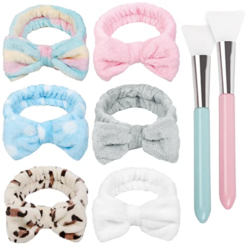 TERSE Haarband Schminken Damen Mädchen Bowknot Kosmetik Stirnband mit 2 Stück Silikon Maskenpinsel Weich Korallenrot Fleece für SPA Waschen Gesicht, 6 Stück von TERSE