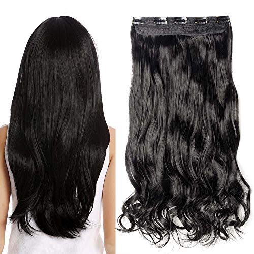 TESS Clip in Extensions Gewellt 60 cm, Schwarz Haarverlängerung 1 Teil 5 Clips Hair Extensions Clip in Synthetic Haarteil für Frauen von TESS