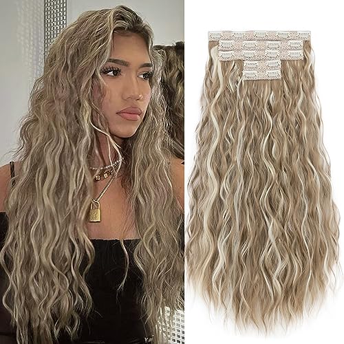TESS Clip in Extensions Lockig 60 cm, Aschblond Balayage (#16P613) 5 PCS Clip in Haarteile Lang 250g mit 17 Clips Haarvolumen-Booster Wellen Synthetik Hair haarverlängerung Clip in Für Frauen von TESS