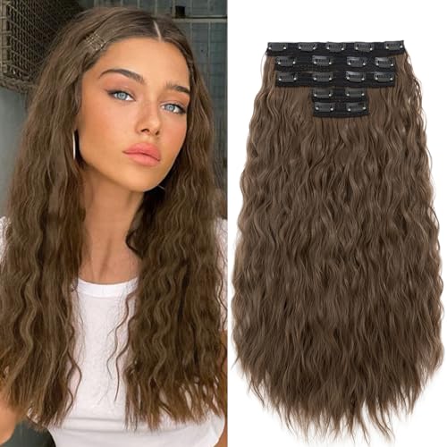 TESS Clip in Extensions Lockig 60 cm, Aschbraun (#10) 5 PCS Clip in Haarteile Lang 250g mit 17 Clips Haarvolumen-Booster Wellen Synthetik Hair haarverlängerung Clip in Für Frauen von TESS