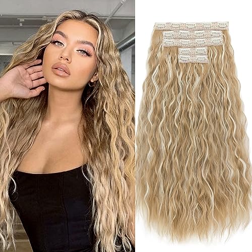 TESS Clip in Extensions Lockig 60 cm, Dunkelblond mit Strähnchen (#26P613) 5 PCS Clip in Haarteile Lang 250g mit 17 Clips Haarvolumen-Booster Wellen Synthetik Hair haarverlängerung Clip in Für Frauen von TESS