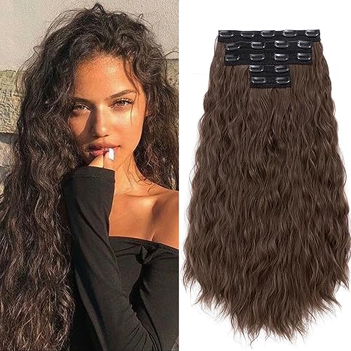 TESS Clip in Extensions Lockig 60 cm, Hellbraun (#8) 5 PCS Clip in Haarteile Lang 250g mit 17 Clips Haarvolumen-Booster Wellen Synthetik Hair haarverlängerung Clip in Für Frauen von TESS