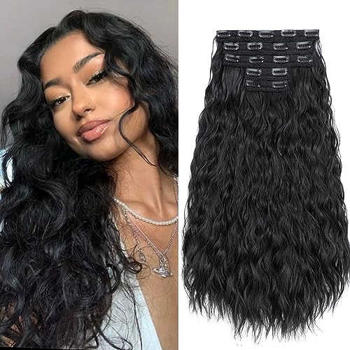 TESS Clip in Extensions Lockig 60 cm, Schwarz 5 PCS Clip in Haarteile Lang 250g mit 17 Clips Haarvolumen-Booster Wellen Synthetik Hair haarverlängerung Clip in Für Frauen von TESS