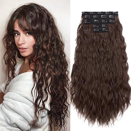 TESS Clip in Extensions Lockig 60 cm, Schokoladenbraun (#M4) 5 PCS Clip in Haarteile Lang 250g mit 17 Clips Haarvolumen-Booster Wellen Synthetik Hair haarverlängerung Clip in Für Frauen von TESS