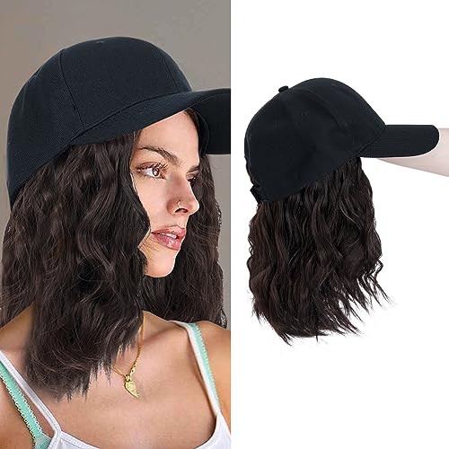 TESS Extensions mit Baseball Cap 20 cm, Dunkelbraun Cap mit Haaren Damen Kurz Gewellt, Verstellbar, Mottoparty, Karneval Hat Perücken für Frauen Mütze mit Haaren von TESS