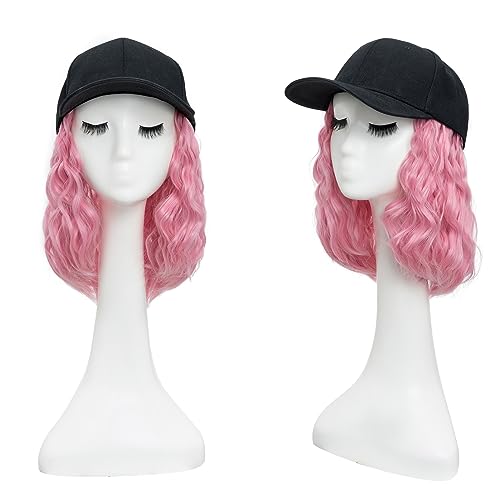 TESS Extensions mit Baseball Cap 20 cm, Pink Cap mit Haaren Damen Kurz Gewellt, Verstellbar, Mottoparty, Karneval Hat Perücken für Frauen Mütze mit Haaren von TESS