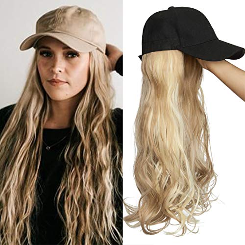 TESS Extensions wie Echthaar Ombre Hellbraun/Blond Haarteile mit Schwarz Baseball Cap Lang Gewellt Synthetische Haare für Damen komplette Haarverlängerung günstig 16"(40cm)-290g von TESS