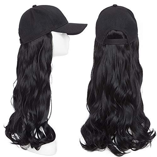 TESS Extensions wie Echthaar Rabenschwarz Haarteile mit Schwarz Baseball Cap Lang Gewellt Synthetische Haare für Damen komplette Haarverlängerung günstig 16"(40cm)-290g von TESS