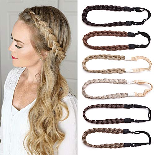 TESS Haarband geflochten Haargummi mit Haaren Damen Haarteile Dutt Braids Extensions verstellbare Kopfband Kleine Haarschmuck Braiding Hair für Frauen 1.5cm Breit 27g Braun Ombre von TESS
