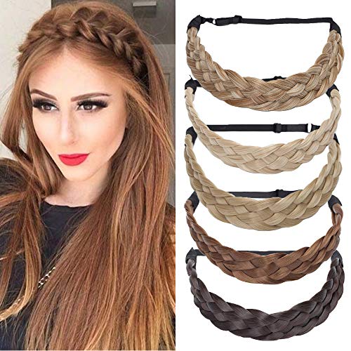 TESS Haarband geflochten Haargummi mit Haaren Damen Haarteile Dutt Braids Extensions verstellbare Kopfband Large Haarschmuck Braiding Hair für Frauen 3.8cm Breit 50g Braun Ombre von TESS