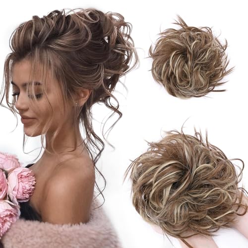 TESS Haargummi mit Haaren VOLUMINÖS Messy Bun Haarteil Dutt 45g Haarteil mit Gummiband für Frauen Mädchen (Hellbraun und Aschblond) von TESS