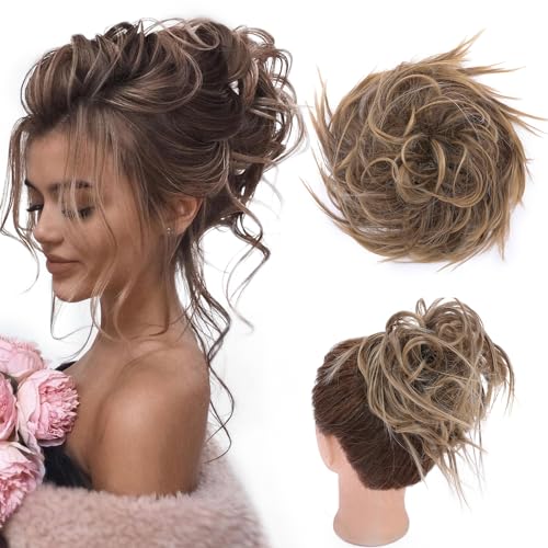 TESS Haargummi mit Haaren VOLUMINÖS Messy Bun Haarteil Dutt 45g Haarteil mit Gummiband für Frauen Mädchen (Schokoladenbraun und Dunkelblond) von TESS