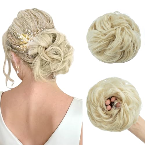 TESS Haarteil Mit Gummiband 55g, Gelockt Haargummi Mit Haaren, Hellblond, Groß Dutt Haarteil Haardutt Synthetisch Haarverlängerung für Damen Mädchen von TESS