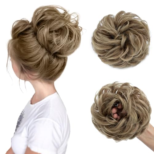 TESS Haarteil Mit Gummiband 55g, Gelockt Haargummi Mit Haaren, Hellbraun Bis Blond, Groß Dutt Haarteil Haardutt Synthetisch Haarverlängerung für Damen Mädchen von TESS