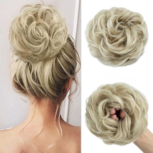 TESS Haarteil Mit Gummiband 55g, Gelockt Haargummi Mit Haaren, Aschblond bis Weißblond, Groß Dutt Haarteil Haardutt Synthetisch Haarverlängerung für Damen Mädchen von TESS