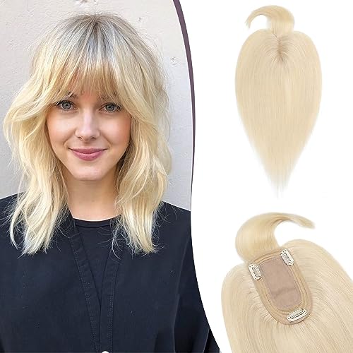 TESS Hair Topper Echthaar Blond, 7x13cm Basis Toupet Damen #60 weiß Blond mit Pony Haartopper Echthaar 53g 45 cm Haar Topper Clip in Haarteil Extensions von TESS