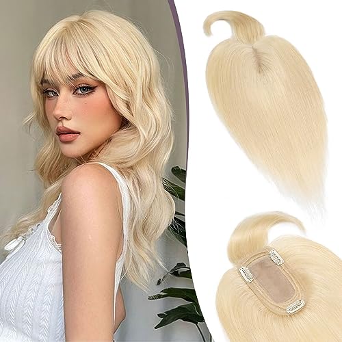 TESS Hair Topper Echthaar Blond, 7x13cm Basis Toupet Damen #613 Lichtblond mit Pony Haartopper Echthaar 53g 45 cm Haar Topper Clip in Haarteil Extensions von TESS