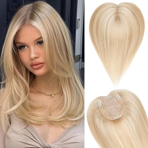 TESS Hair Topper Echthaar Blond Balayage, 10x12cm Basis Toupet Damen #18P613 Goldblond/Blond Haartopper Echthaar 45g 35 cm Haar Topper Clip in Haarteil Extensions von TESS