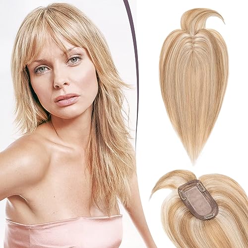 TESS Hair Topper Echthaar Blond Balayage, 7x13cm Basis Toupet Damen #12P613 Hellbraun/Lichtblond mit Pony Haartopper Echthaar 53g 45 cm Haar Topper Clip in Haarteil Extensions von TESS