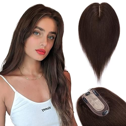 TESS Hair Topper Echthaar Braun, 10x12cm Basis Toupet Damen #2 Dunkelbraun Haartopper Echthaar 40g 30 cm Haar Topper Clip in Haarteil Extensions von TESS
