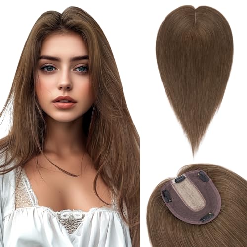 TESS Hair Topper Echthaar Braun, 10x12cm Basis Toupet Damen #4 Braun Haartopper Echthaar 40g 30 cm Haar Topper Clip in Haarteil Extensions von TESS