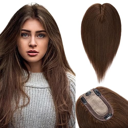 TESS Hair Topper Echthaar Braun, 10x12cm Basis Toupet Damen #4 Braun Haartopper Echthaar 45g 35 cm Haar Topper Clip in Haarteil Extensions von TESS