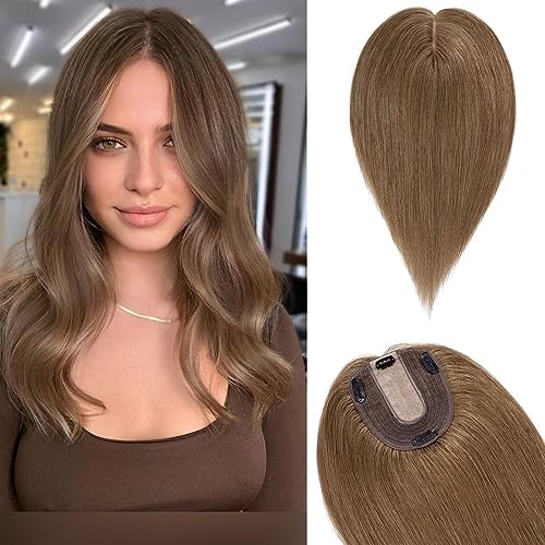 TESS Hair Topper Echthaar Braun, 10x12cm Basis Toupet Damen #6 Mittelbraun Haartopper Echthaar 35g 25 cm Haar Topper Clip in Haarteil Extensions von TESS