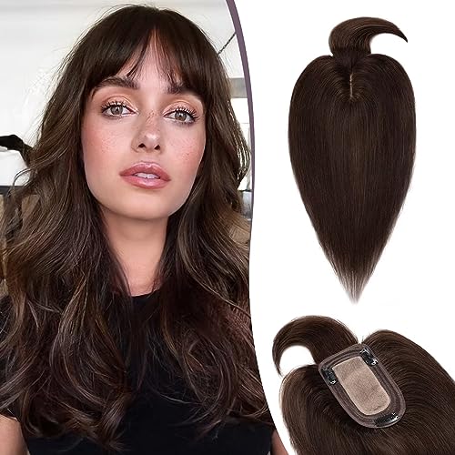 TESS Hair Topper Echthaar Braun, 7x13cm Basis Toupet Damen #2 Dunkelbraun mit Pony Haartopper Echthaar 44g 35 cm Haar Topper Clip in Haarteil Extensions von TESS