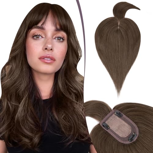 TESS Hair Topper Echthaar Braun, 7x13cm Basis Toupet Damen #2 Dunkelbraun mit Pony Haartopper Echthaar 53g 45 cm Haar Topper Clip in Haarteil Extensions von TESS