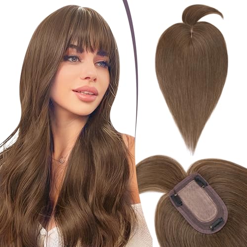 TESS Hair Topper Echthaar Braun, 7x13cm Basis Toupet Damen #4 Braun mit Pony Haartopper Echthaar 53g 45 cm Haar Topper Clip in Haarteil Extensions von TESS