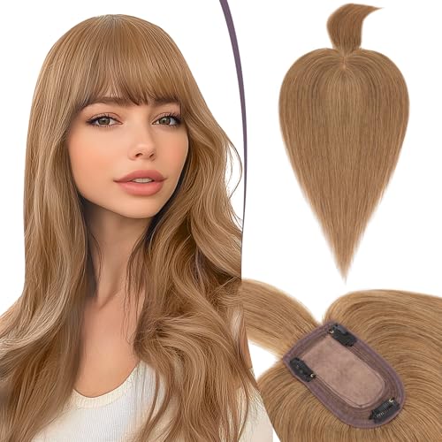 TESS Hair Topper Echthaar Braun, 7x13cm Basis Toupet Damen #6 Mittelbraun mit Pony Haartopper Echthaar 38g 30 cm Haar Topper Clip in Haarteil Extensions von TESS