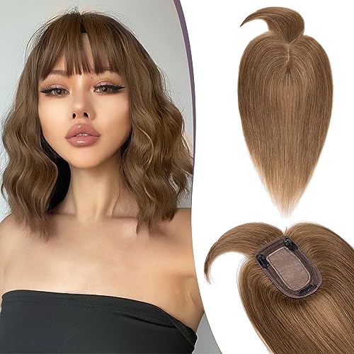 TESS Hair Topper Echthaar Braun, 7x13cm Basis Toupet Damen #6 Mittelbraun mit Pony Haartopper Echthaar 48g 40 cm Haar Topper Clip in Haarteil Extensions von TESS