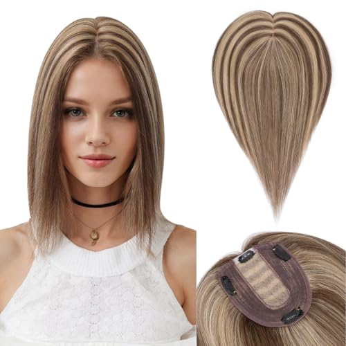 TESS Hair Topper Echthaar Braun Balayage, 10x12cm Basis Toupet Damen #4P27 braun/Dunkelblond Haartopper Echthaar 45g 35 cm Haar Topper Clip in Haarteil Extensions von TESS