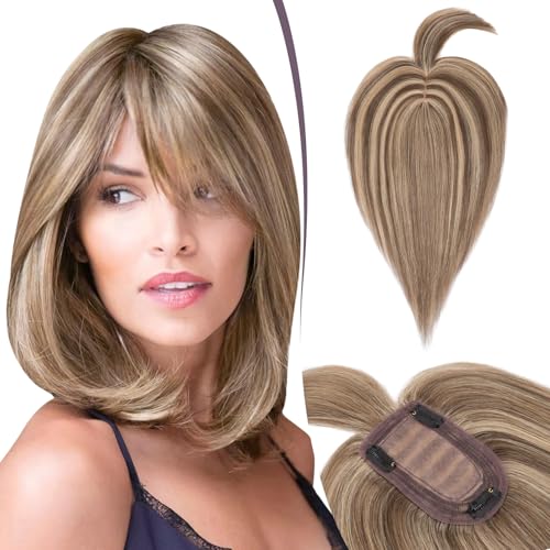 TESS Hair Topper Echthaar Braun Balayage, 7x13cm Basis Toupet Damen #4P27 braun/Dunkelblond mit Pony Haartopper Echthaar 48g 40 cm Haar Topper Clip in Haarteil Extensions von TESS