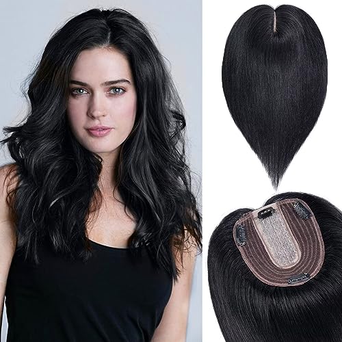 TESS Hair Topper Echthaar Schwarz, 10x12cm Basis Toupet Damen #1 Schwarz Haartopper Echthaar 35g 25 cm Haar Topper Clip in Haarteil Extensions von TESS