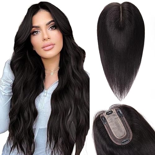 TESS Hair Topper Echthaar Schwarz, 10x12cm Basis Toupet Damen #1B Naturschwarz Haartopper Echthaar 40g 30 cm Haar Topper Clip in Haarteil Extensions von TESS